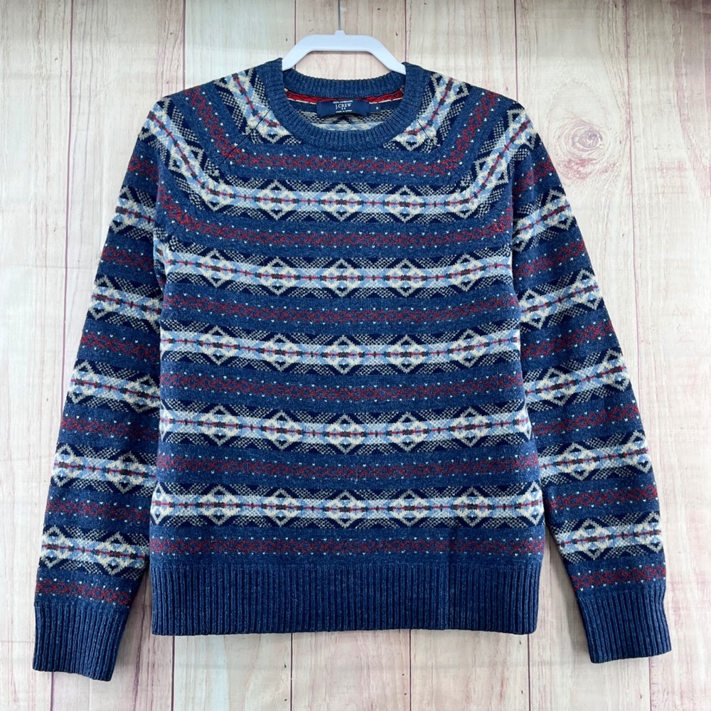 J.Crew Mens 100% Lambswool Fair Isle Sweater Blue Red Nordic‎ Crewneck Medium